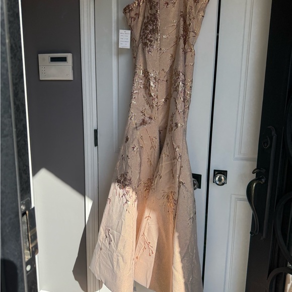 Rene Ruiz Lt. Pink/Rose Gold Embellished Strapless Fit and Flare Brocade Gown - Picture 3 of 7
